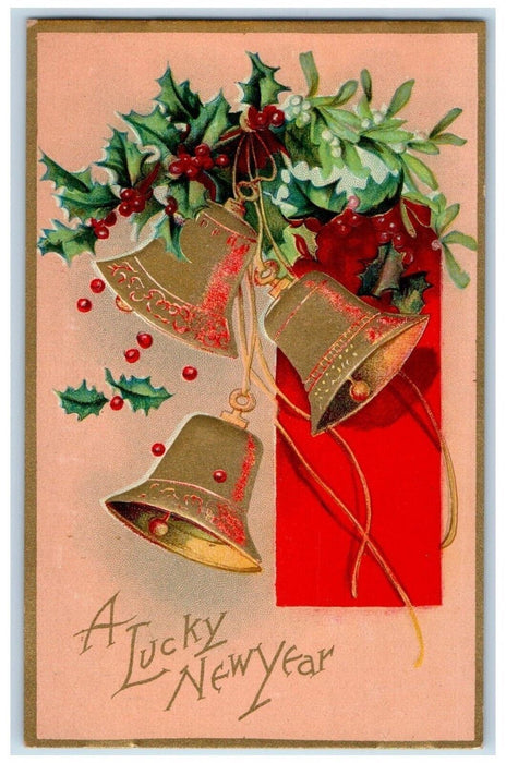 c1910's New Year Ringing Bells Holly Berries Mistletoe Embossed Antique Postcard