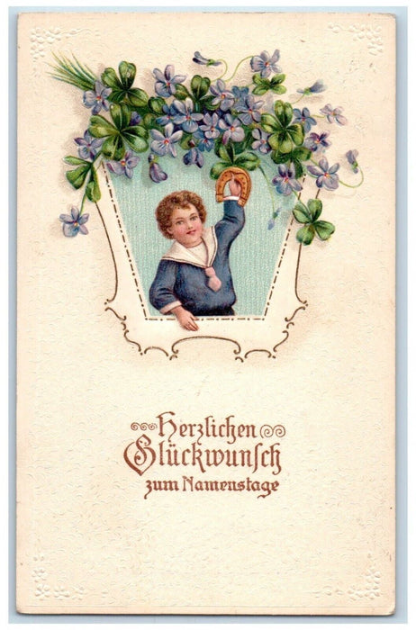 c1910's New Year Boy With Horseshoe Pansies Flowers Clover Embossed Postcard