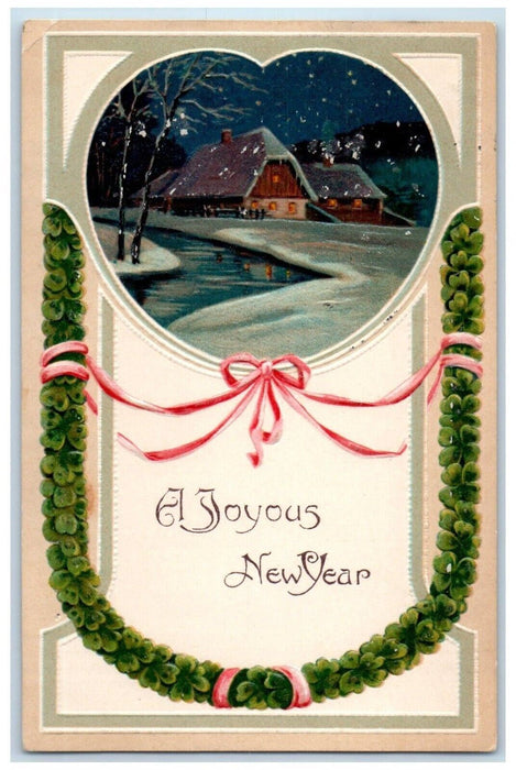 1911 Joyous New Year Clover House Winter Snowfall Embossed Antique Postcard