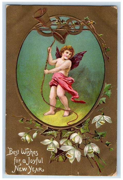 1910 New Year Angel Ringing Bells Flowers Embossed Philadelphia PA Postcard