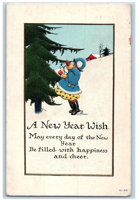 c1910's New Year Wish Girl Decorating Christmas Tree Embossed Antique Postcard