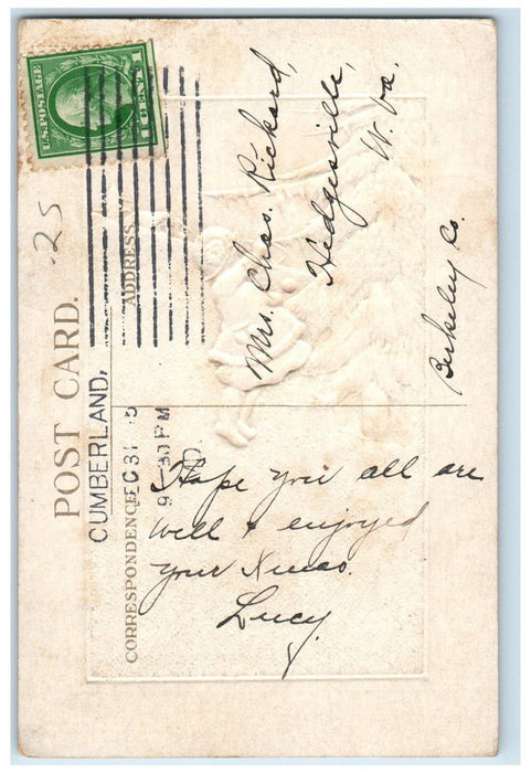 c1910's New Year Wish Girl Decorating Christmas Tree Embossed Antique Postcard