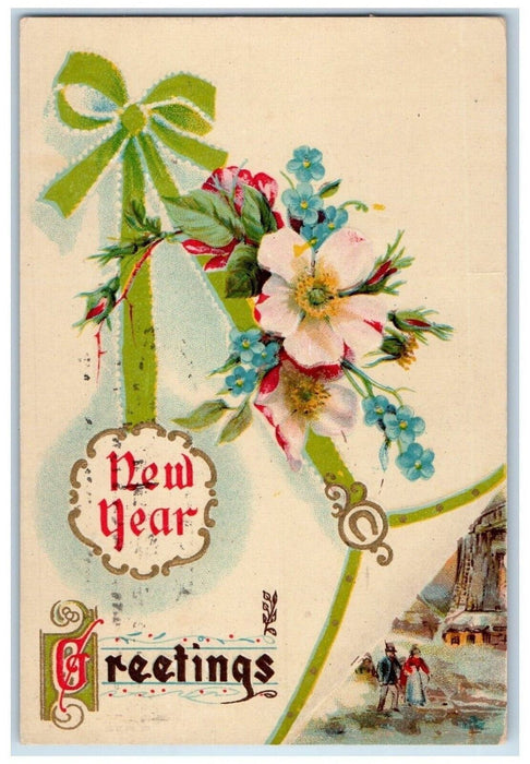 c1910's New Year Greetings Pansies Flowers Horseshoe Embossed Antique Postcard