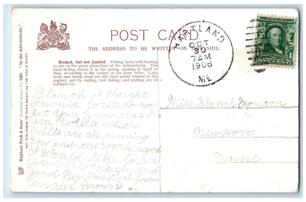 1908 Boating on Adirondacks New York NY Hartland ME Tuck Art Postcard