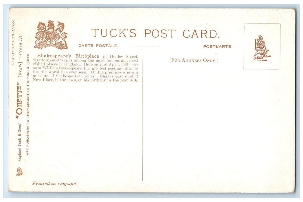 c1910 Stratford-On-Avon Birthplace of Shakespeare's Oilette Tuck Art Postcard
