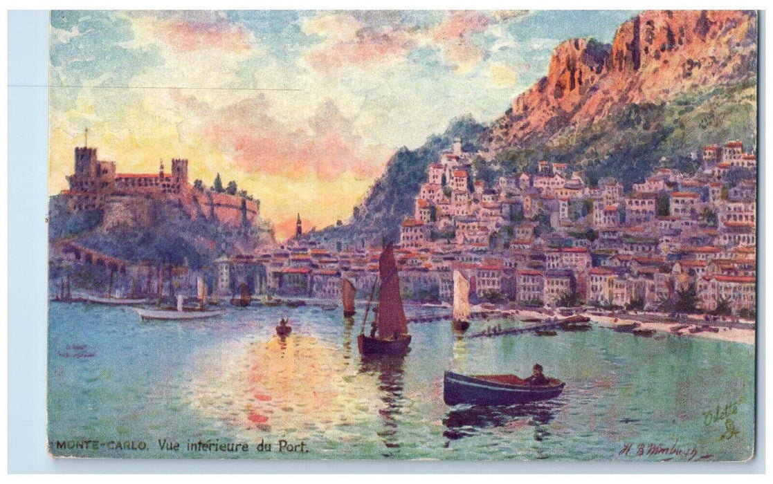 c1910 Vue Interieure Du Port Boat Monte Carlo Oilette Tuck Art Antique Postcard