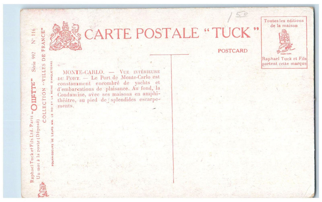 c1910 Vue Interieure Du Port Boat Monte Carlo Oilette Tuck Art Antique Postcard