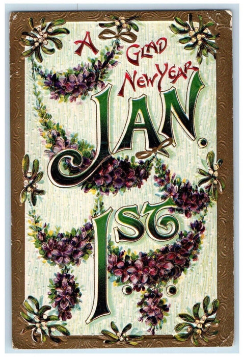 c1910's New Year Jan 1st Mistletoe Pansies Flowers Embossed Antique Postcard