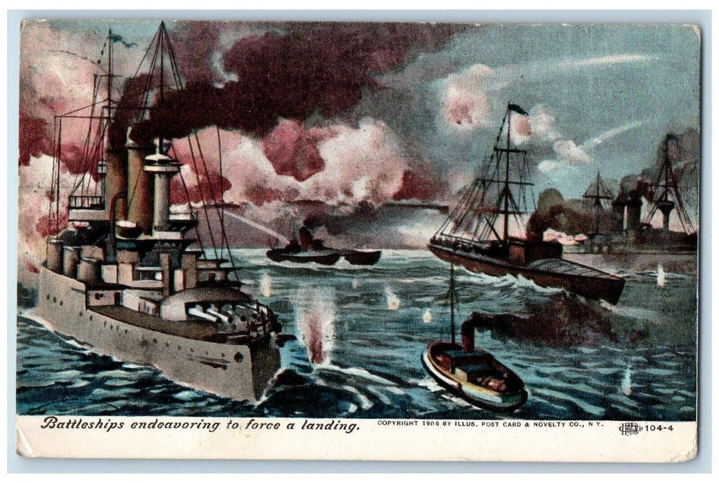 1907 Battleships Endeavoring Force Landing World War Steamer Ship Ohio Postcard