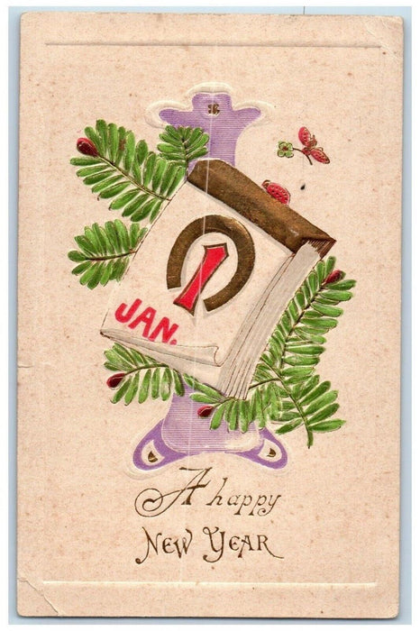 1907 New Year Jan 1st Calendar Horseshoe Ladybug Flowers Embossed Postcard