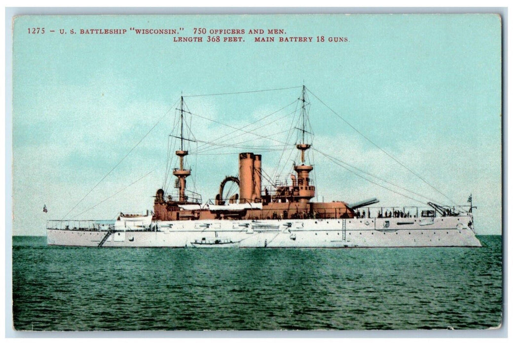 c1910 U.S. Battleship Wisconsin Officers Men Steamer World War Cannon Postcard