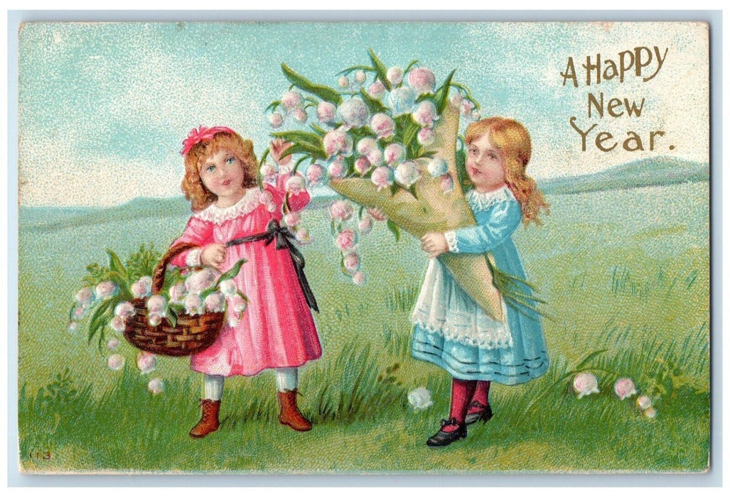 c1910's New Year Girls With Flowers Basket Embossed Nash Antique Postcard