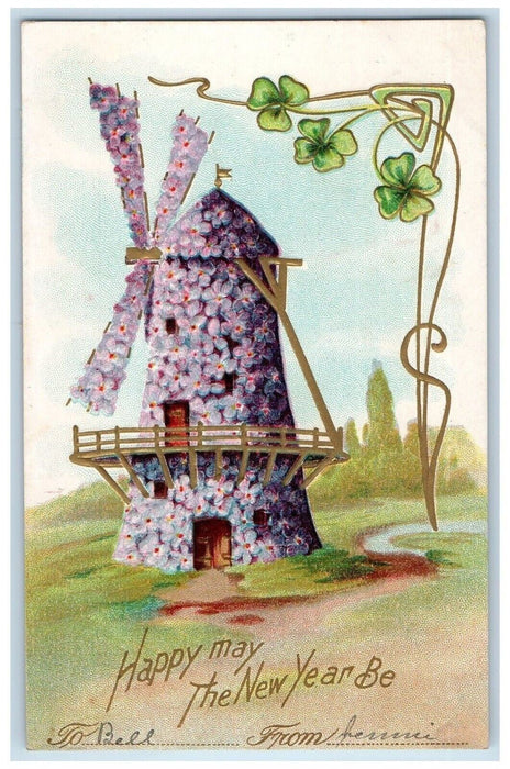 1908 New Year Pansies Flowers Windmill Clover Clapsaddle Embossed Postcard