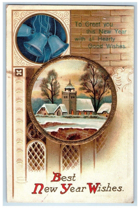 c1910's New Year Ringing Bells And House Winter Clapsaddle Embossed Postcard