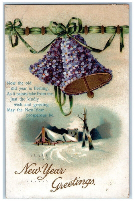 1913 New Year Greetings Ringing Bells Pansies Clapsaddle Embossed Postcard