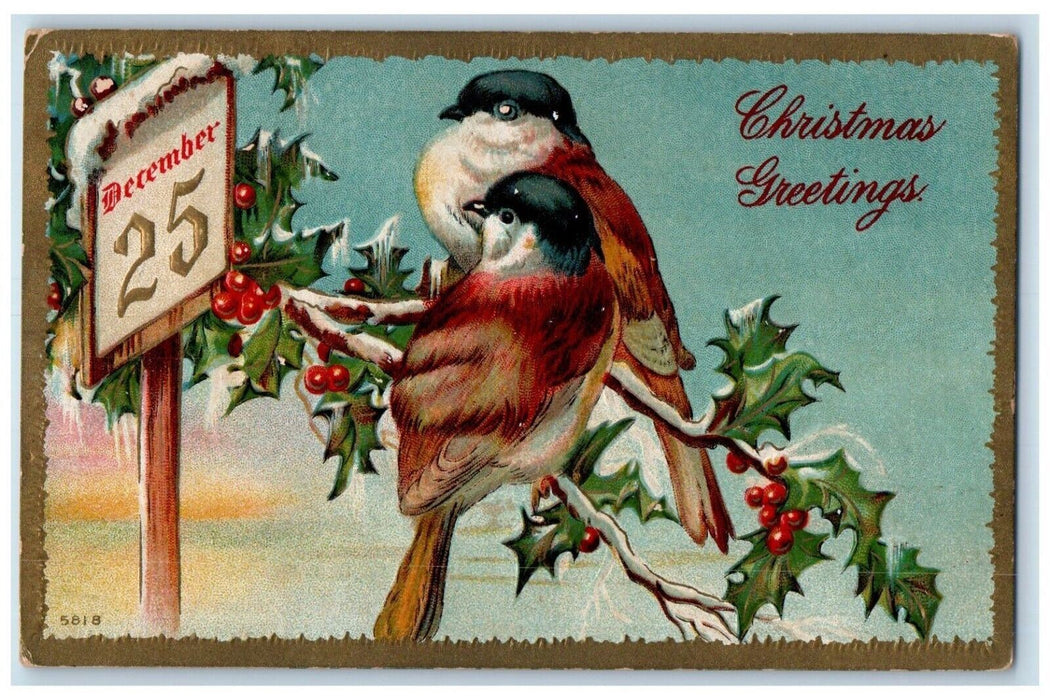 Christmas Greetings Calendar Birds Holly Berries Winter Embossed Postcard