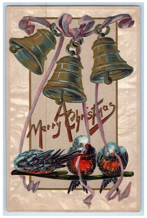 c1910's Christmas Birds Ribbon Ringing Bells Embossed Posted Antique Postcard