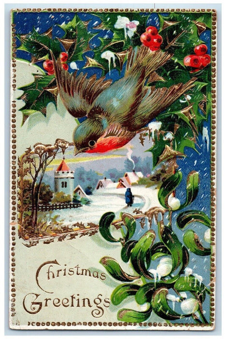 c1910's Christmas Greetings Bird Mistletoe Holly Berries House Winter Postcard