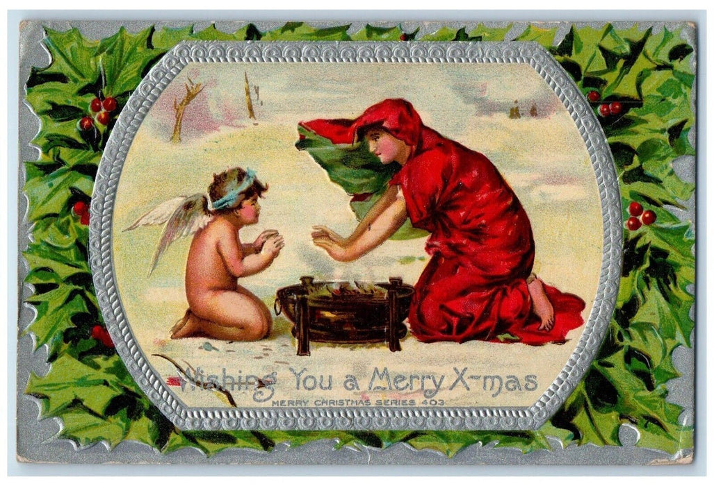 1919 Christmas Angel Bare Butt Warming Berries Embossed Newark Ohio OH Postcard