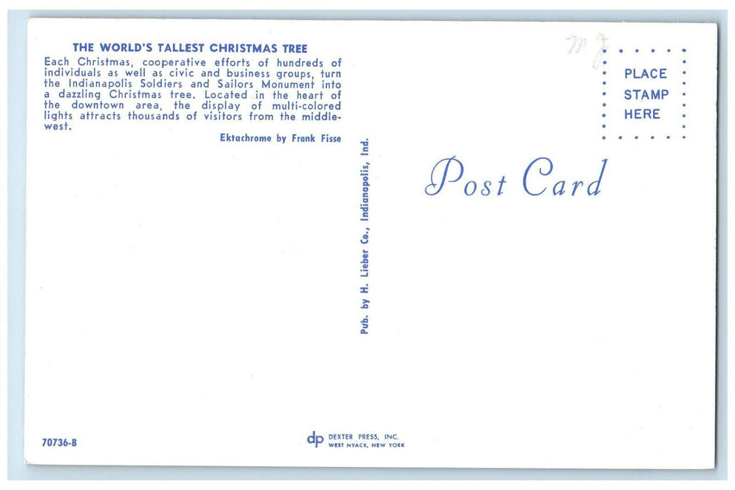 c1960 Worlds Tallest Christmas Tree Indianapolis Soldiers Downtown Area Postcard