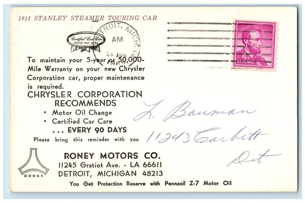 1965 Stanley Steamer Touring Car Chrysler Corporation Detroit Michigan Postcard