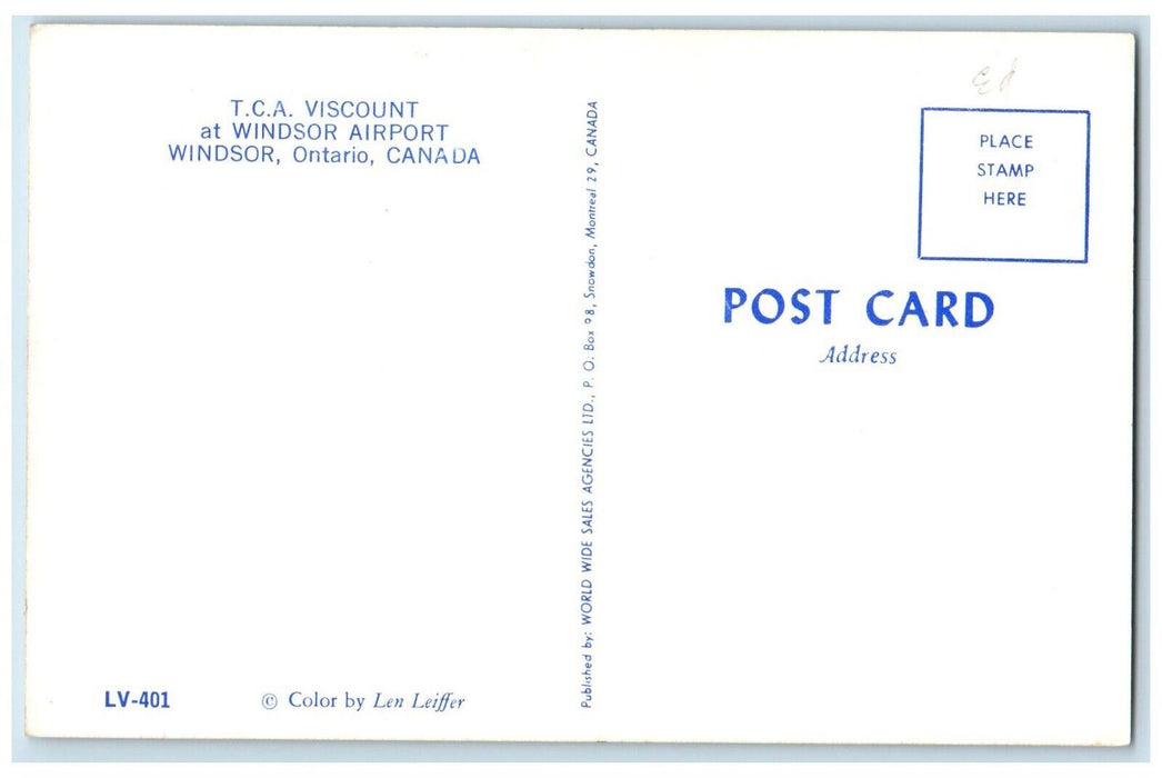 c1960 TCA Viscount Windsor Airport Windsor Airlines Ontario Canada CA Postcard