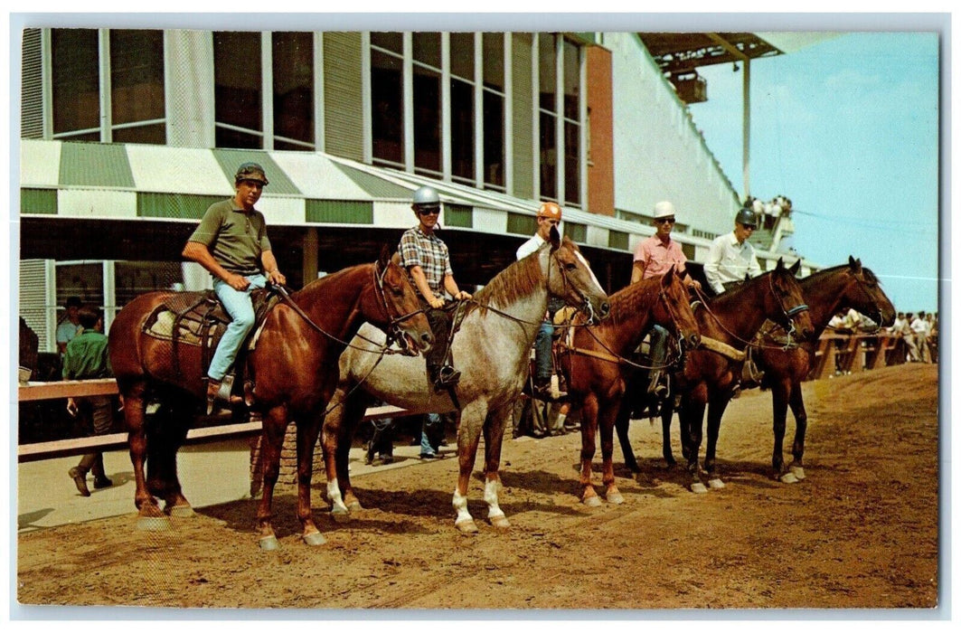 c1960 Pony Boys Girls Waiting Horses Hazel Park Race Course Michigan MI Postcard