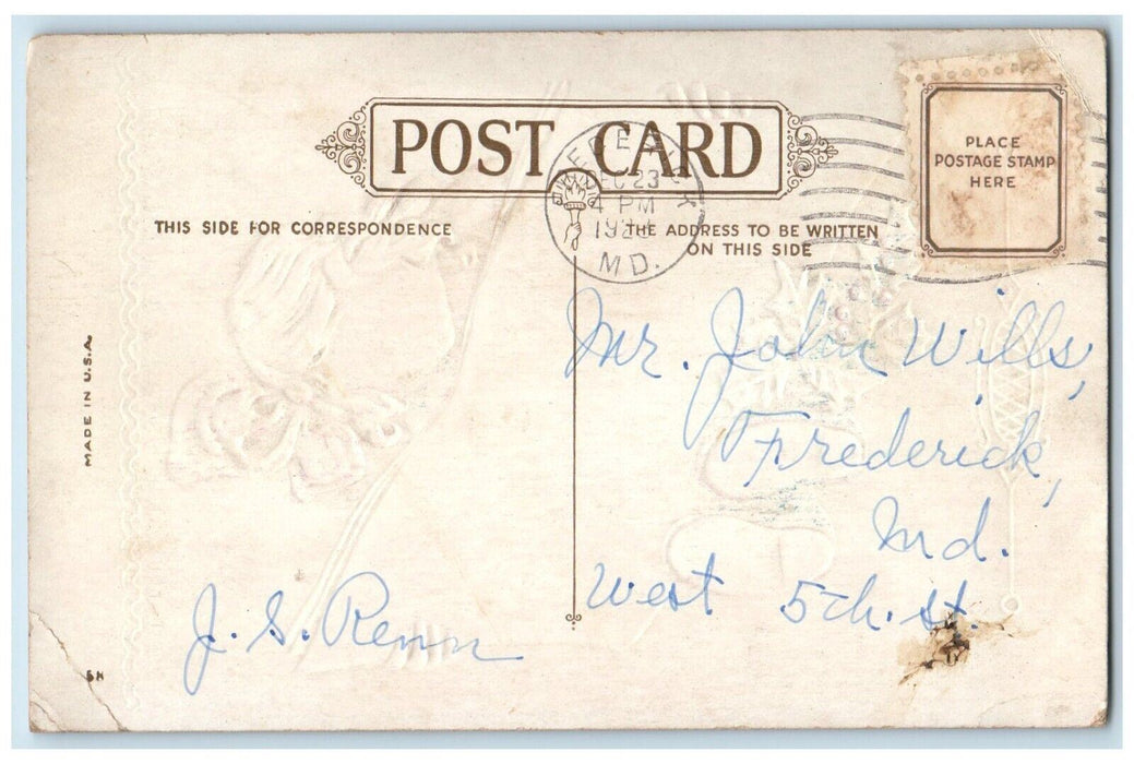 c1920's Merry Christmas Girl Reading Newspaper Berries Frederick MD Postcard