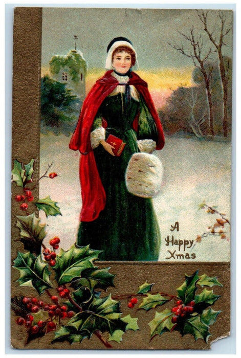 1911 Christmas Woman Holding Bible Handwarmer Winter Berries Embossed Postcard