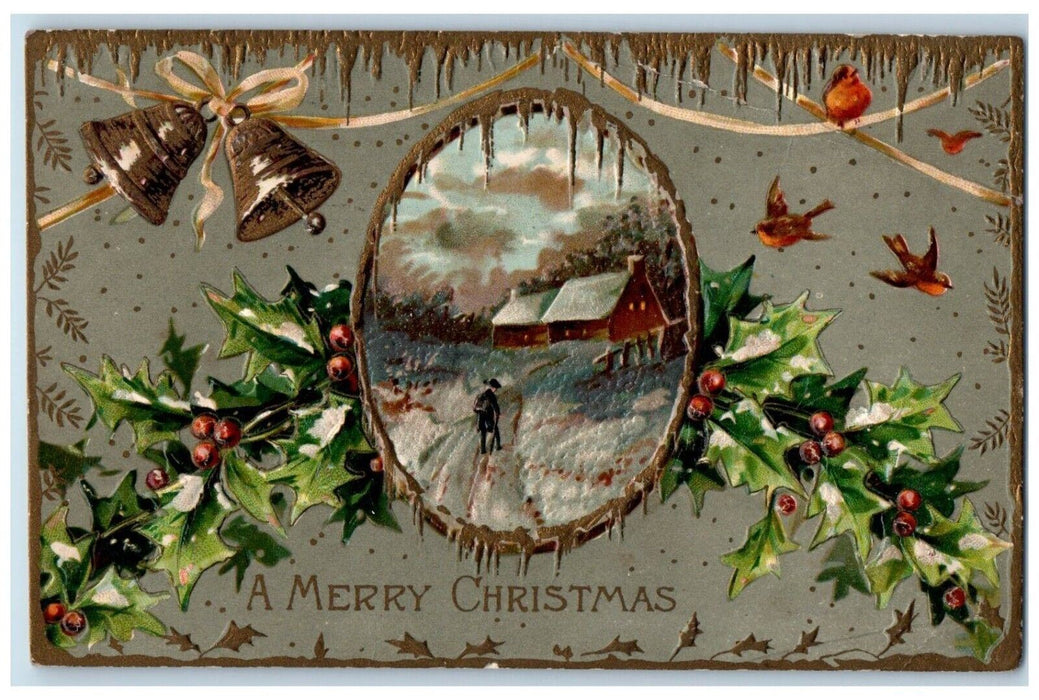 1910 Merry Christmas Ringing Bells Holly Berries Embossed Chicago IL Postcard
