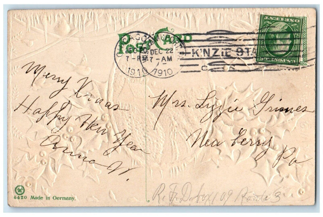 1910 Merry Christmas Ringing Bells Holly Berries Embossed Chicago IL Postcard