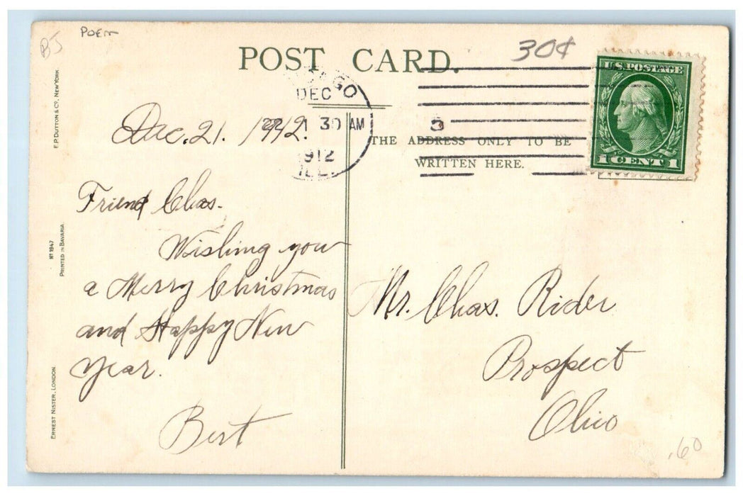 1912 Christmas Poem Cromwell Low Chicago Illinois IL Posted Antique Postcard