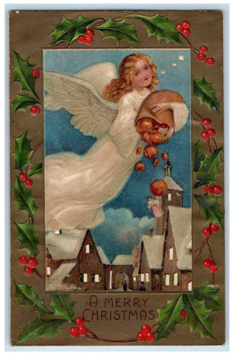 1908 Christmas Floating Angel Dropping Balls Doll Holly Berries Posted Postcard