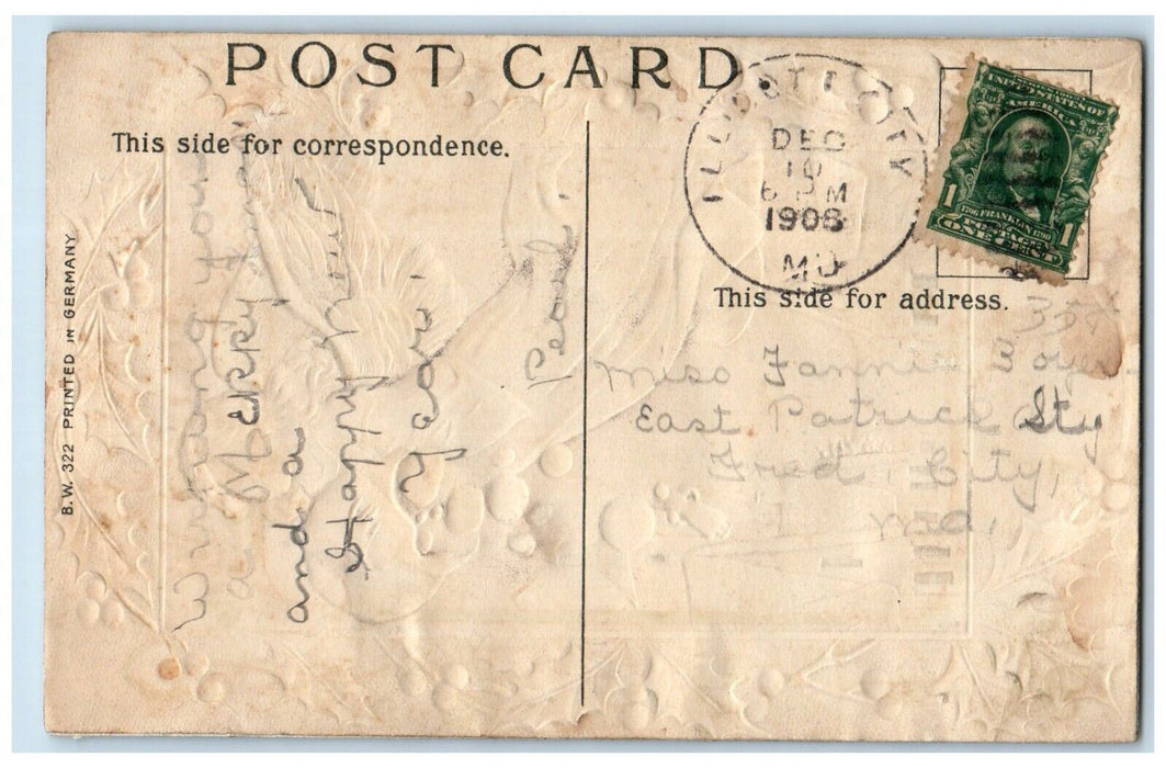 1908 Christmas Floating Angel Dropping Balls Doll Holly Berries Posted Postcard