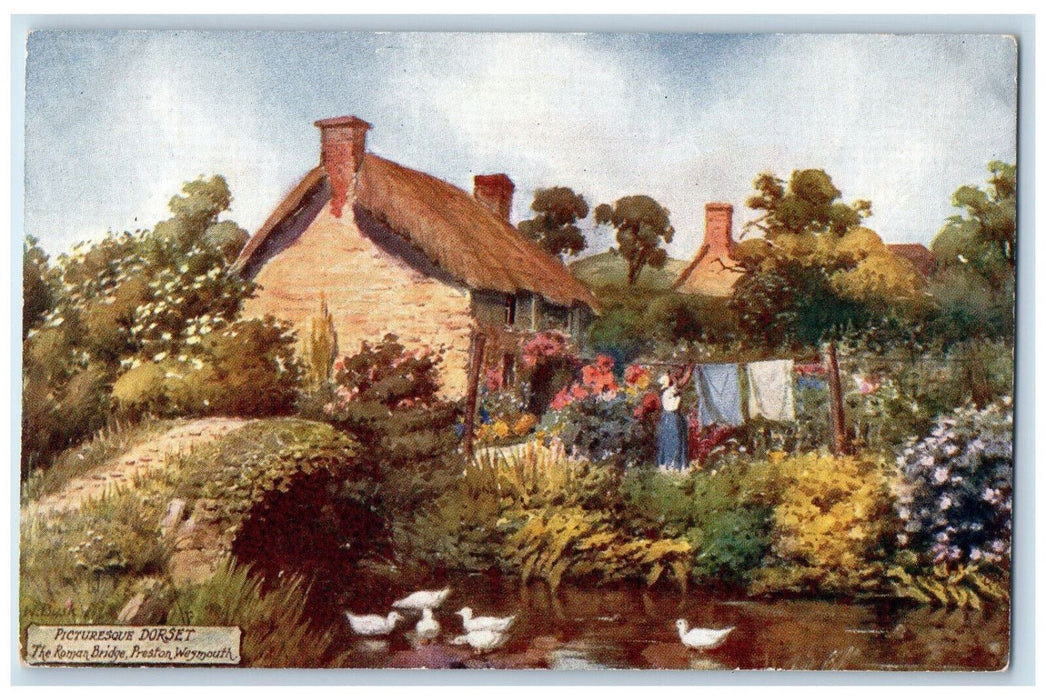 c1910 Picturesque Dorset The Roman Bridge Ducks Oilette Tuck Art Postcard