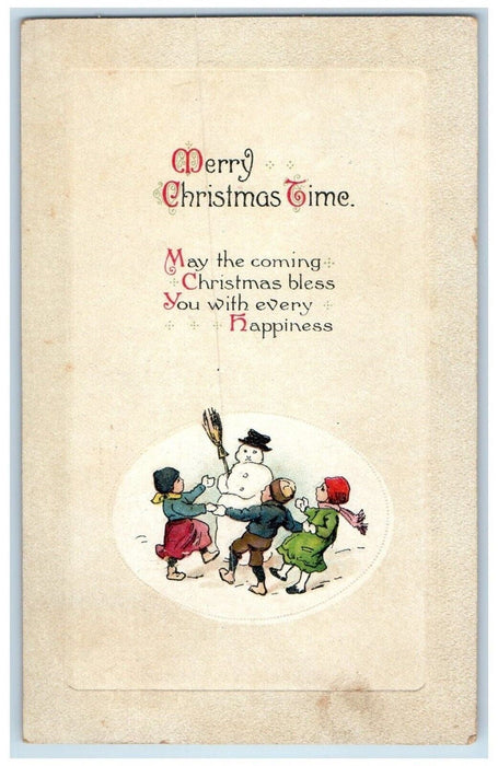 c1910's Christmas Childrens Playing With Snowman Broom Clapsaddle Postcard