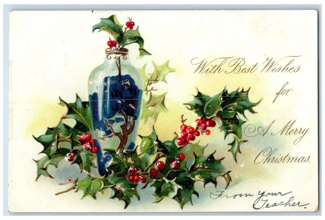 c1905 Christmas Vase Holly Berries Tuck's Embossed Unposted Antique Postcard