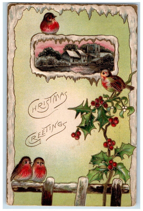 1911 Christmas Greetings Song Birds Holly Berries Mistletoe Embossed Postcard