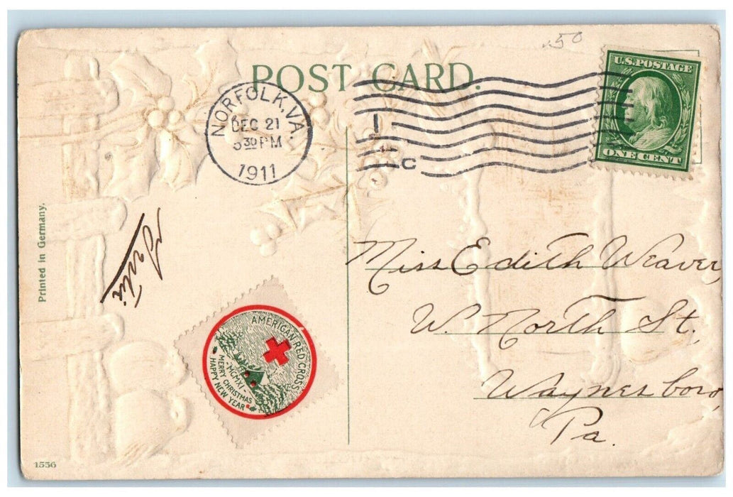 1911 Christmas Greetings Song Birds Holly Berries Mistletoe Embossed Postcard