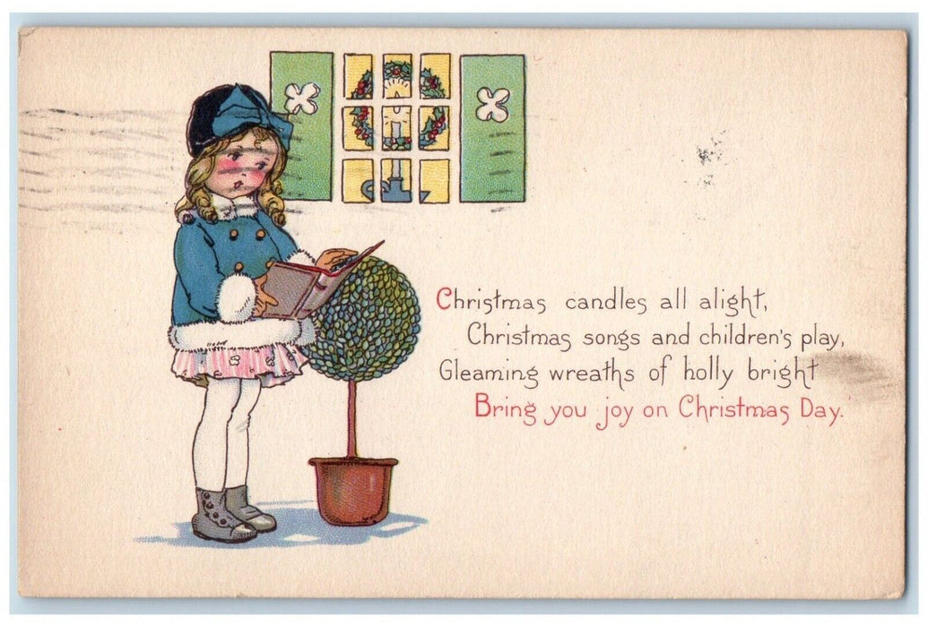 1924 Christmas Candle Light Whreat Girl Singing Rockville CT Vintage Postcard