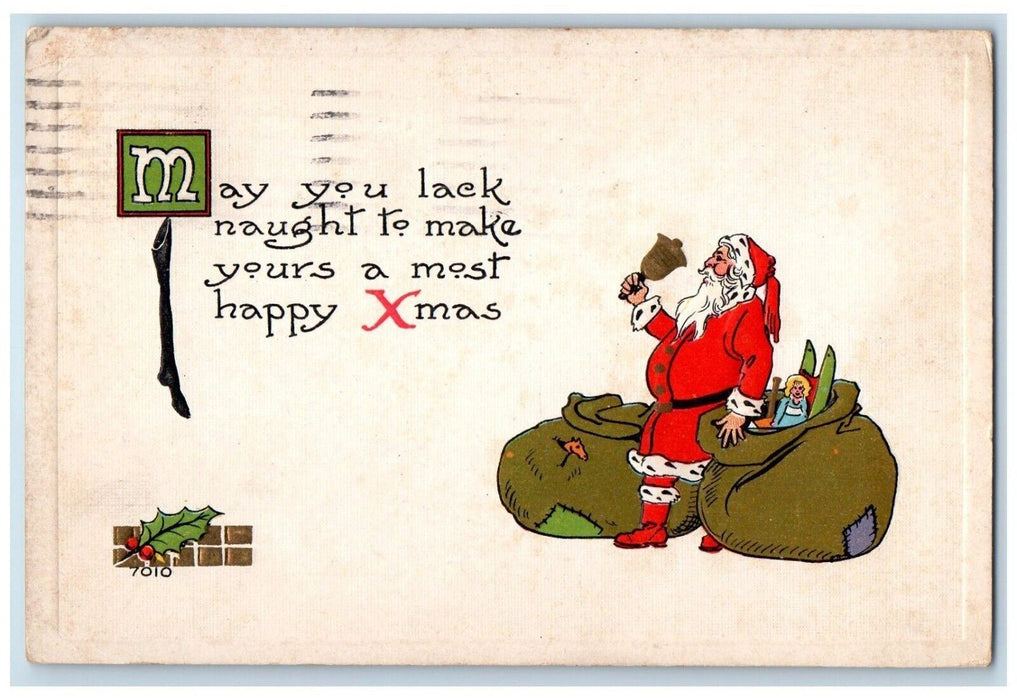 1913 Christmas Santa Claus Bell Sacks Of Toys Hanging Stocking Embossed Postcard