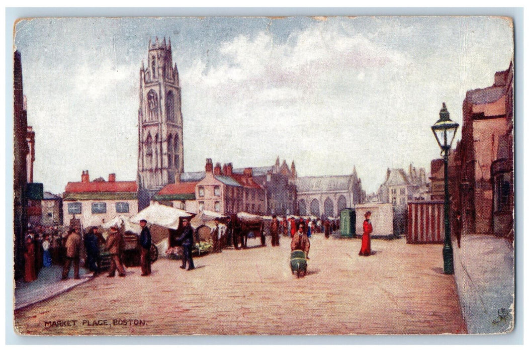 c1910 Market Place Boston England UK Oilette Tuck Art Antique Postcard