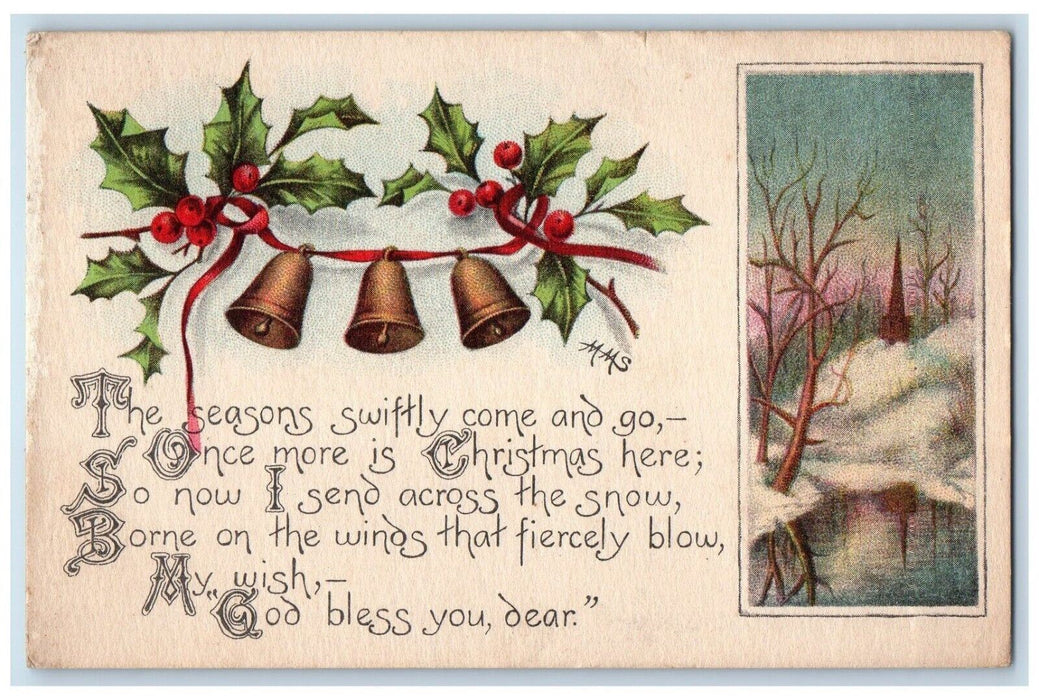 1913 Christmas Holly Berries Ringing Bells Prince Stamford NY Antique Postcard