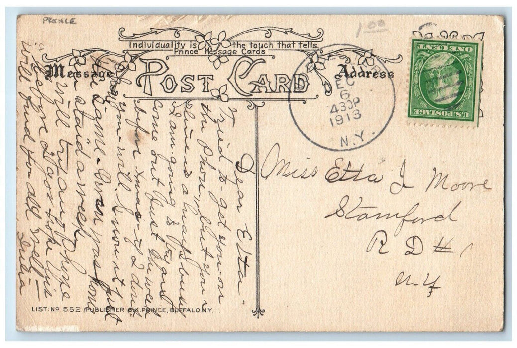 1913 Christmas Holly Berries Ringing Bells Prince Stamford NY Antique Postcard