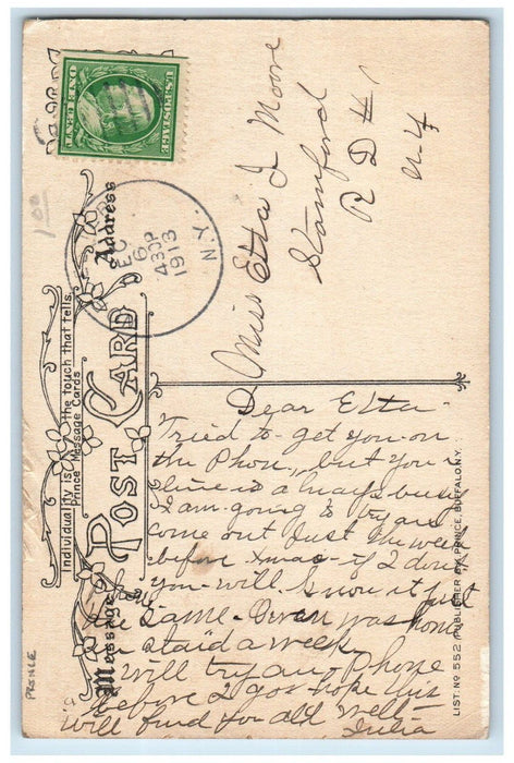 1913 Christmas Holly Berries Ringing Bells Prince Stamford NY Antique Postcard