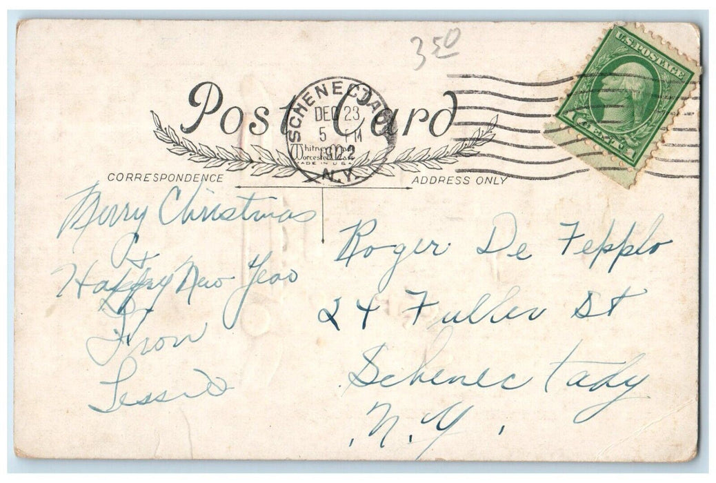 c1920's Christmas Tree Decorated Candle Lights Embossed Schenectady NY Postcard