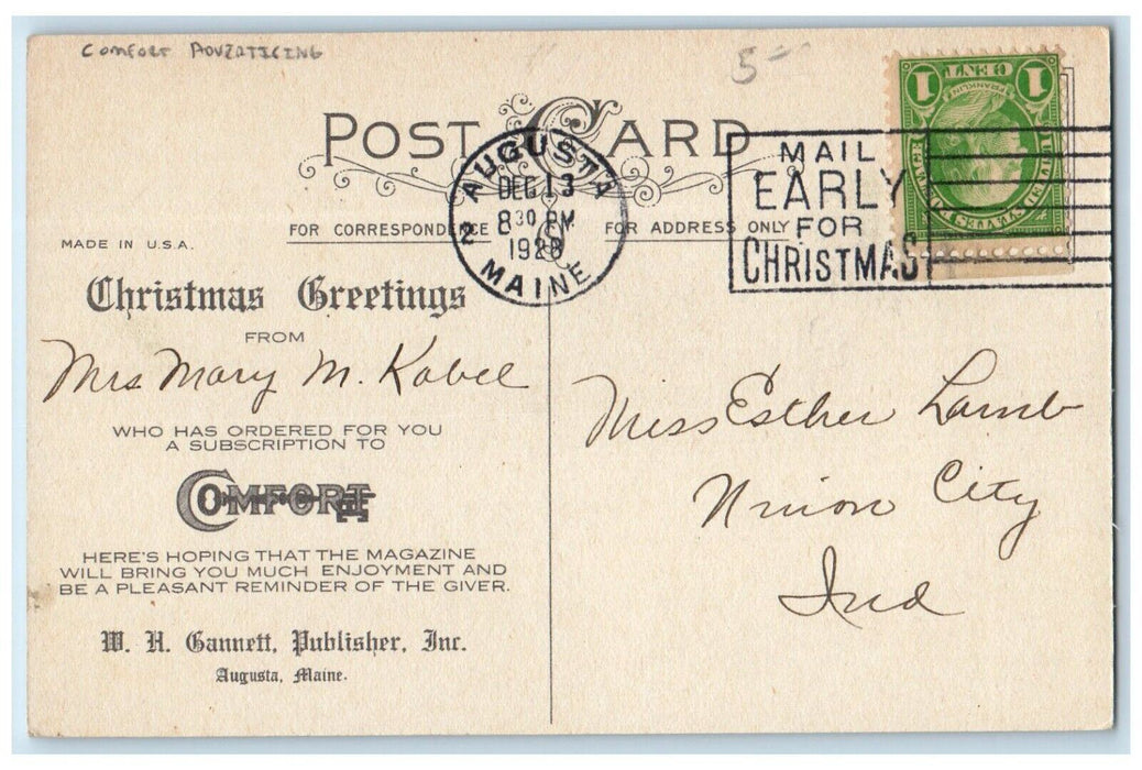 1928 Christmas Message Holly Berries Winter House Comfort Advertising Postcard