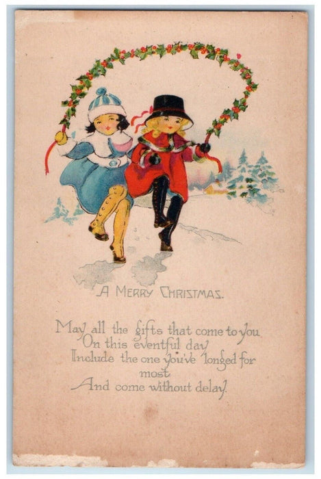 c1910's Christmas Message Children Playing Holly Berries Posted Antique Postcard