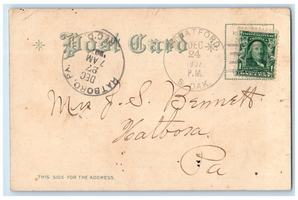 1907 Christmas Wishes Birds Holly Berries Nash Stratford SD Antique Postcard
