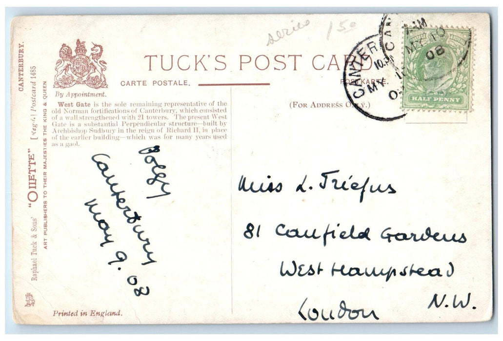 1908 The West Gate Canterbury England Posted Oilette Tuck Art Postcard